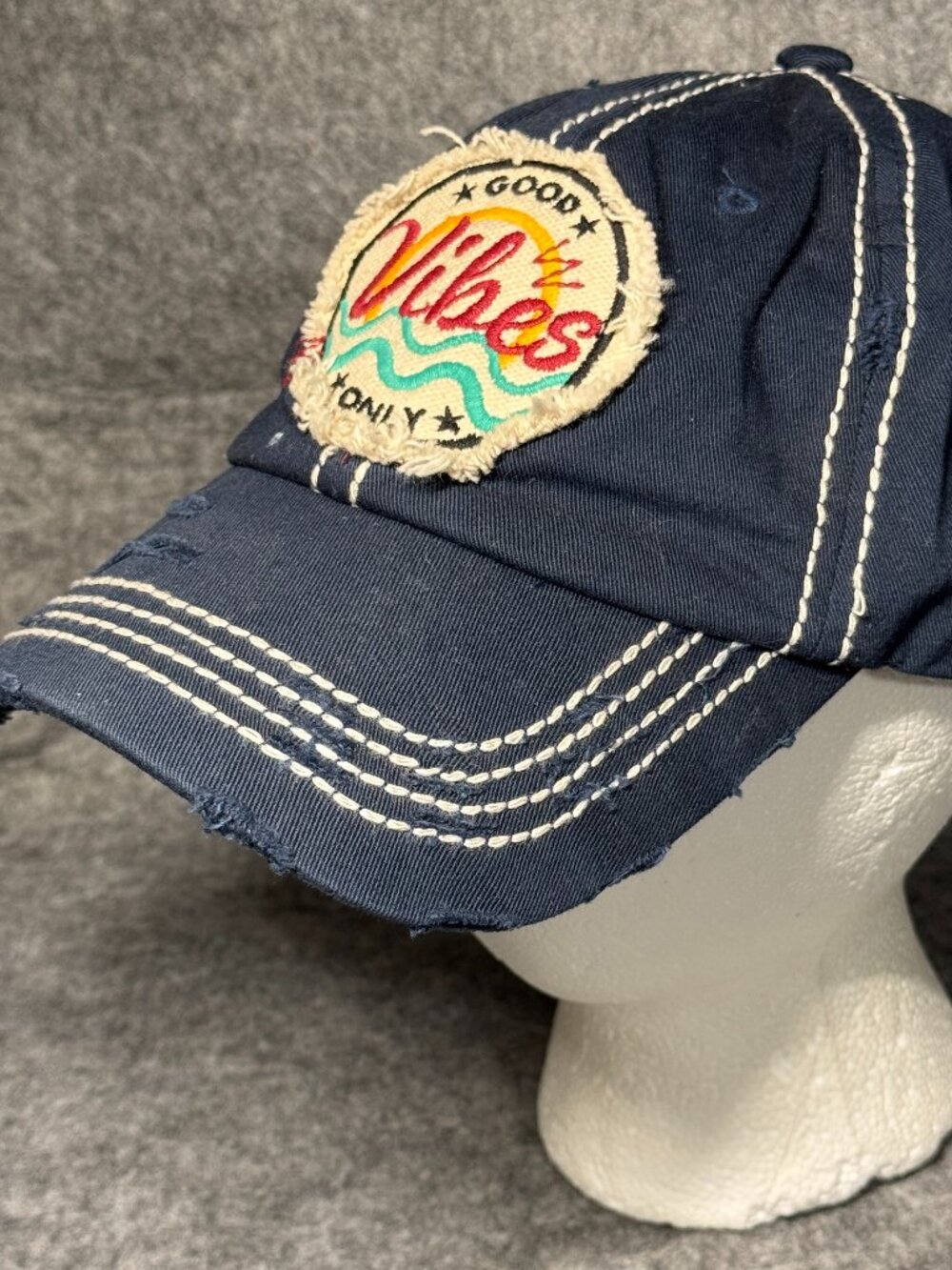 KB Ethos "Good Vibes Only" Hat - Blue Distressed Strap Back Cap - Thick Stitch